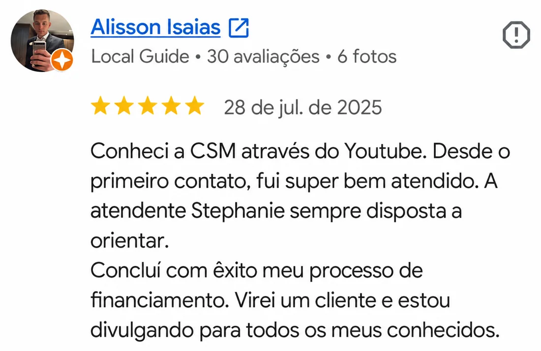 Avaliação 5 estrelas de Alisson Isaias no Google: conheceu pelo YouTube e concluiu o financiamento