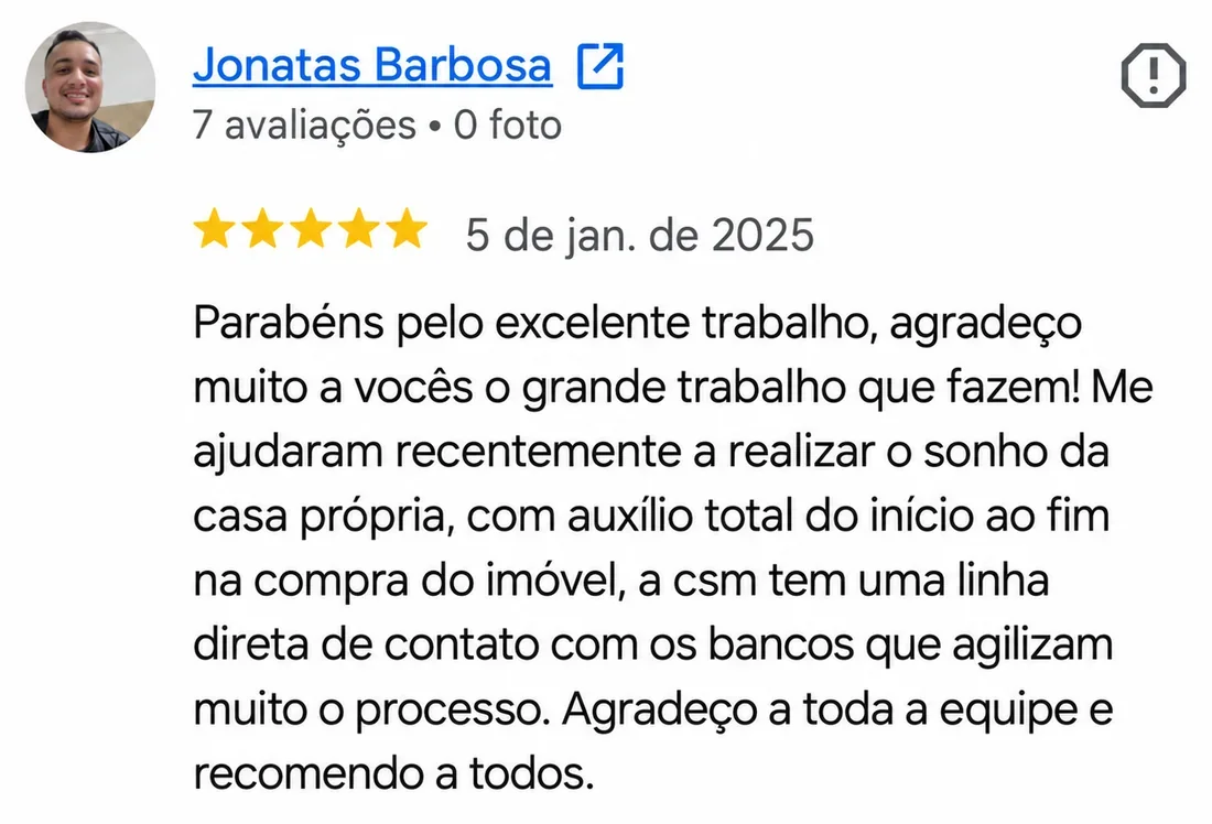 Avaliação 5 estrelas de Jonatas Barbosa no Google: auxílio total do início ao fim na compra do imóvel