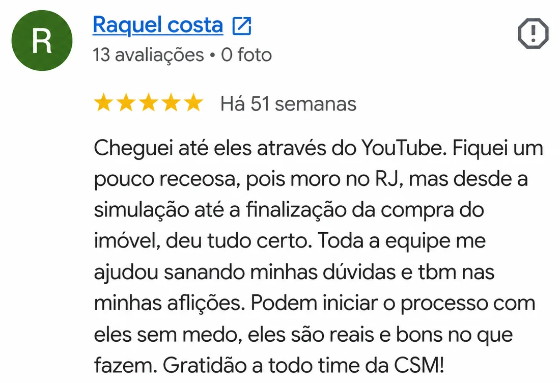 Avaliação 5 estrelas de Raquel Costa no Google: chegou pelo YouTube, estava receosa e o processo deu certo do início ao fim