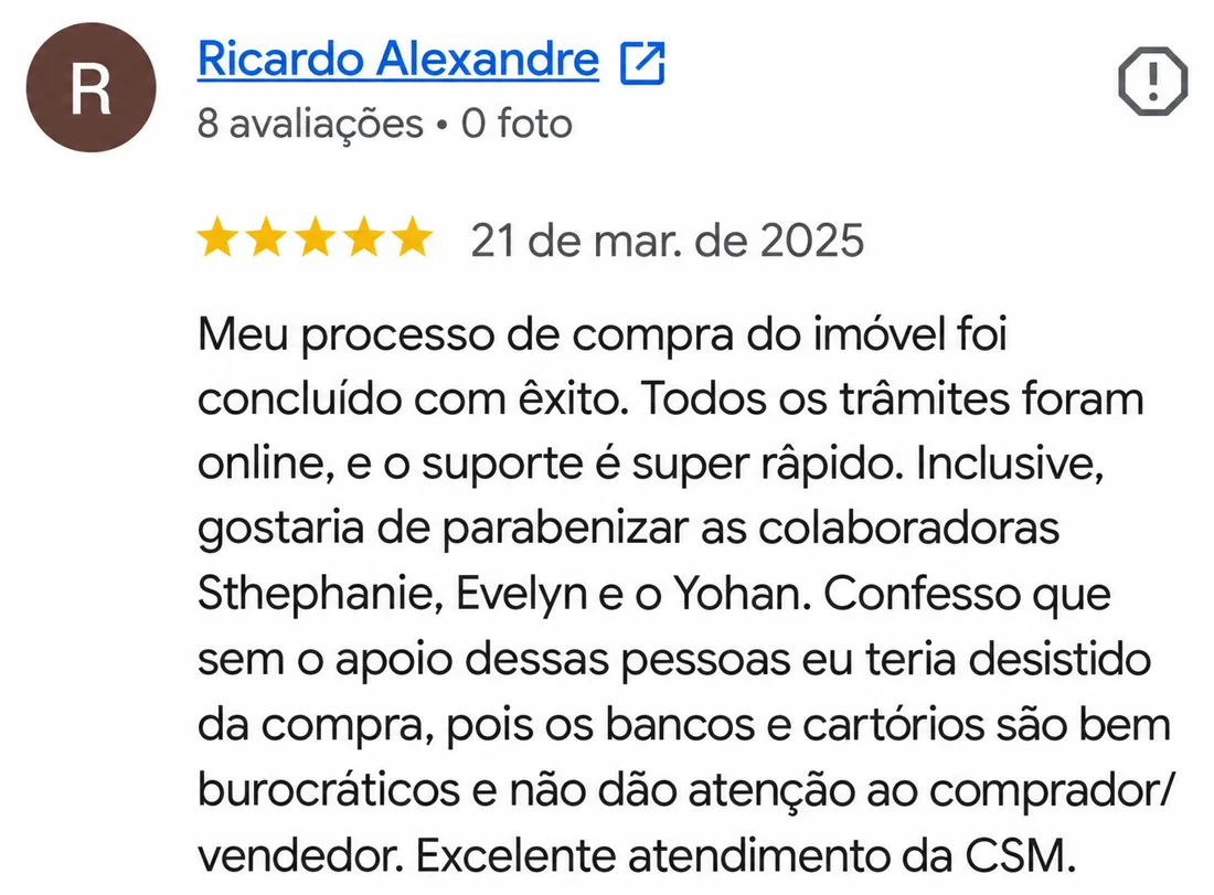 Avaliação 5 estrelas de Ricardo Alexandre no Google: sem o apoio da equipe teria desistido da compra
