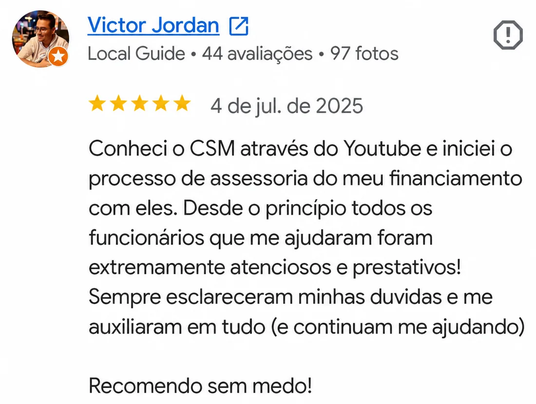 Avaliação 5 estrelas de Victor Jordan no Google: conheceu pelo YouTube e recomenda sem medo